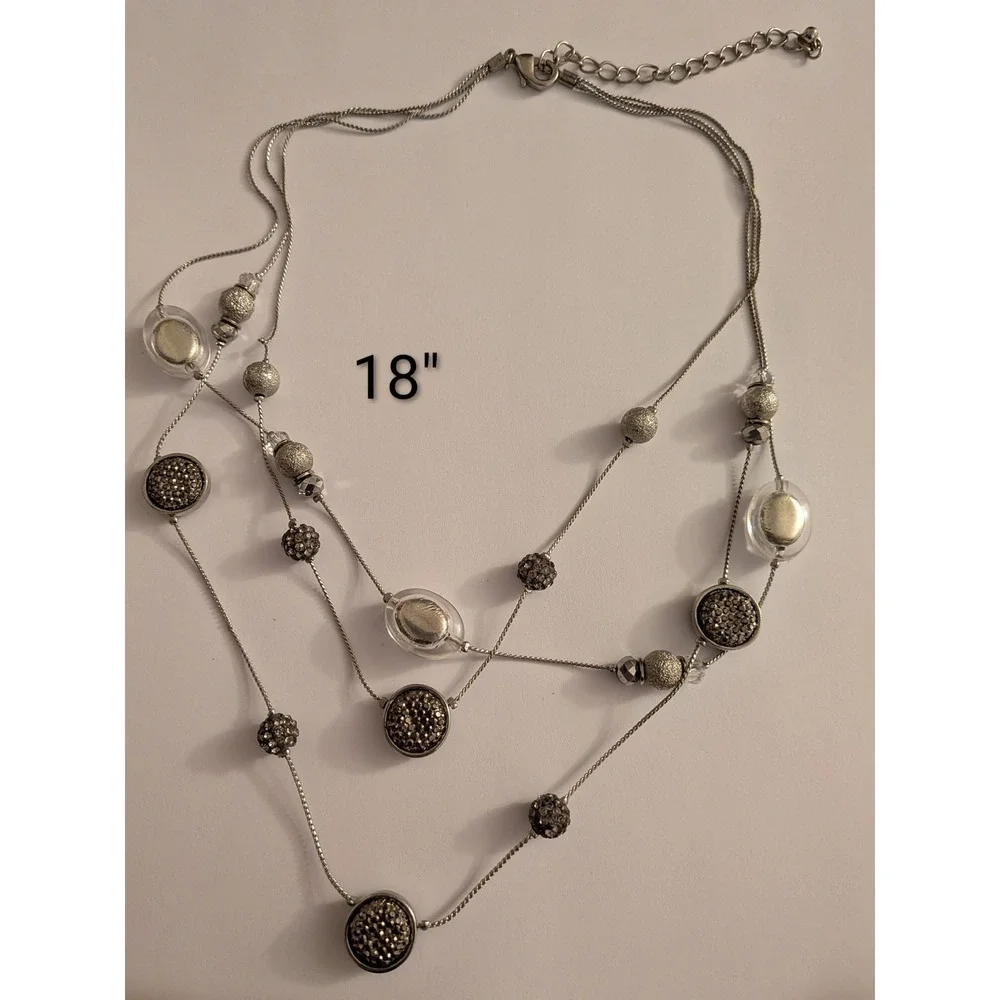 Silver Tone Multi Strand Layered Bead Station Necklace Pave Textured Clear 18in